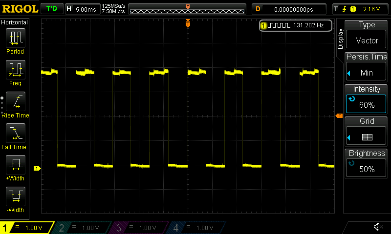 Image of oscilloscope where oscillator generates 130 Hz signal