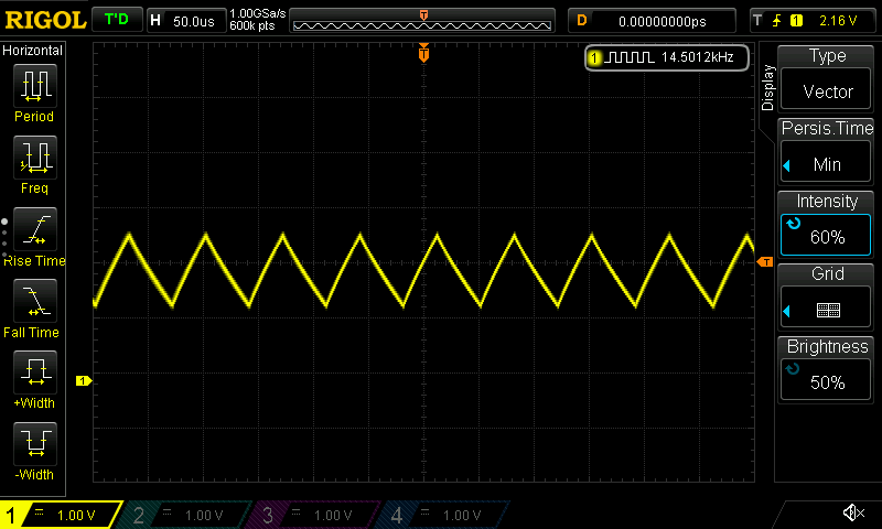 Image of oscilloscope where oscillator generates 15 kHz signal